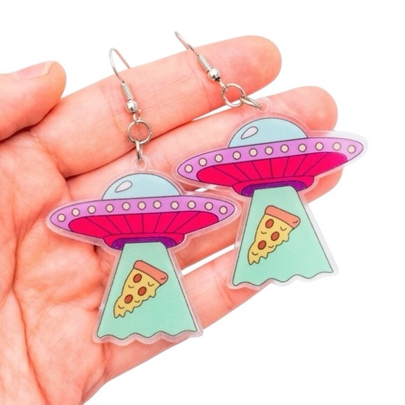 UFO 'They're Only Here For Pizza' Earrings - Dangle Cosplay Halloween Style - Picture 8 of 8